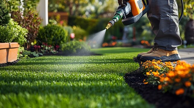 Lush green lawn getting pest control treatment.