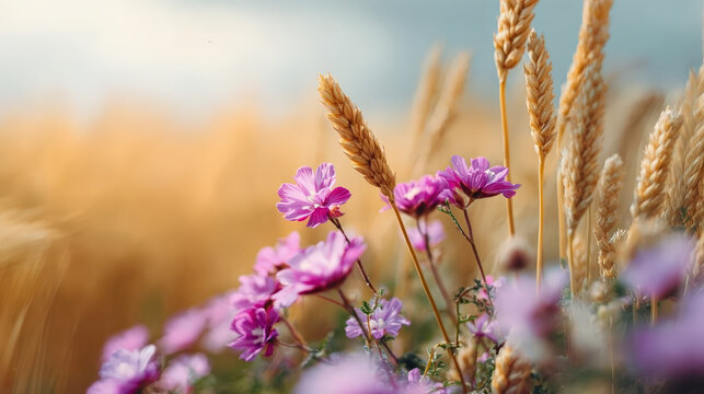 Close Up View of Wheat Field and Wildflower Meadow Landscape. Ai Generated Images