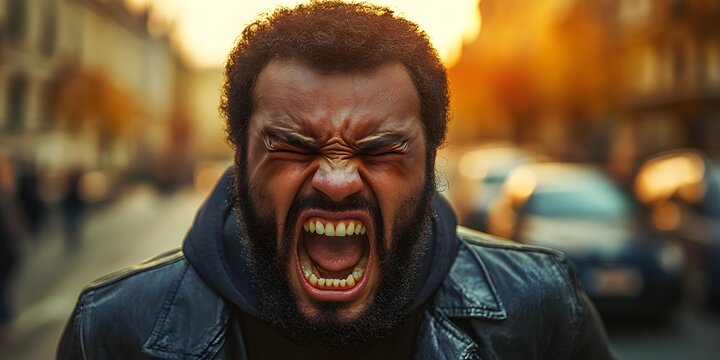 Side view of man screaming in distress.