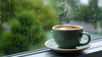 Fototapeta premium Cozy Still Life Coffee Cup on Windowsill During Rainy Day Moment. Ai Generated Images