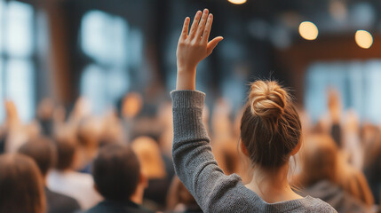 Businesswoman raising hand to ask a question during a seminar or conference, representing active participation, curiosity, learning and engagement in corporate, educational and networking events.