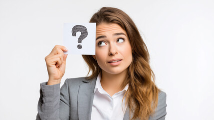 Businesswoman holding a question mark card and looking thoughtful, representing confusion and problem solving in business, suitable for concepts like decision making, uncertainty, strategy.