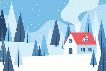 Flat design winter house in snowy forest