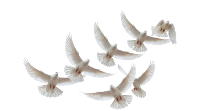 Flock of White Doves Flying Upwards Isolated PNG Cutout Transparent