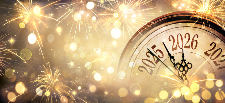 2026 New Year - Clock And Golden Fireworks - Countdown To Midnight - Abstract Defocused Background