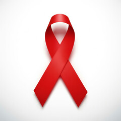 A perfectly rendered red satin ribbon, the universal symbol of AIDS awareness, on a clean white background. Excellent for corporate communications, press kits, and educational materials.

