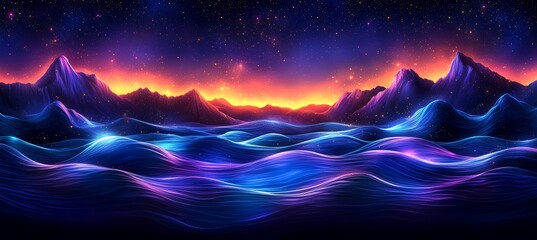 Stunning Night Sky Over Majestic Mountains with Vibrant Colorful Galaxy Waves and Twinkling Stars