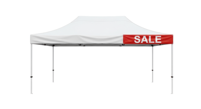 White Pop-up Canopy Tent with Red Sale Banner Isolated PNG Cutout Transparent