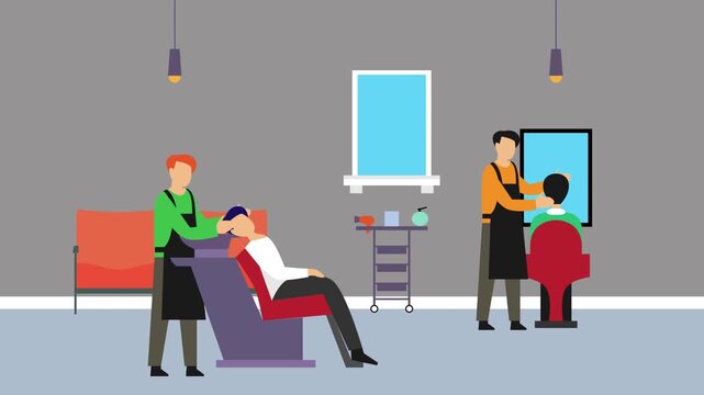 Barbershop and Hair Salon Interior: Barbers Giving Haircut and Hair Wash Service to Customers cartoon animation