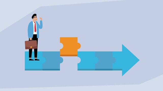 Missing Piece in Business Strategy: Worried Businessman Facing an Obstacle on the Path to Success or Problem-Solving cartoon animation