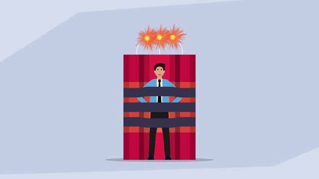 High-Risk Business Situation: Terrified Businessman Strapped to Dynamite with Lit Fuses, Representing Imminent Danger or Volatility cartoon animation