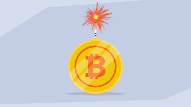 Bitcoin Volatility and Risk: Cryptocurrency Coin Designed as an Exploding Bomb with a Sparking Fuse - Financial Instability Concept cartoon animation