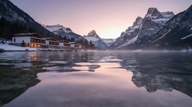 Alpine village by mirror-like lake under snowy peaks at dusk, pastel sky reflections - Powered by Adobe