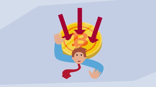 Cryptocurrency Crash: Man Overwhelmed by Falling Bitcoin Price and Market Crisis cartoon animation
