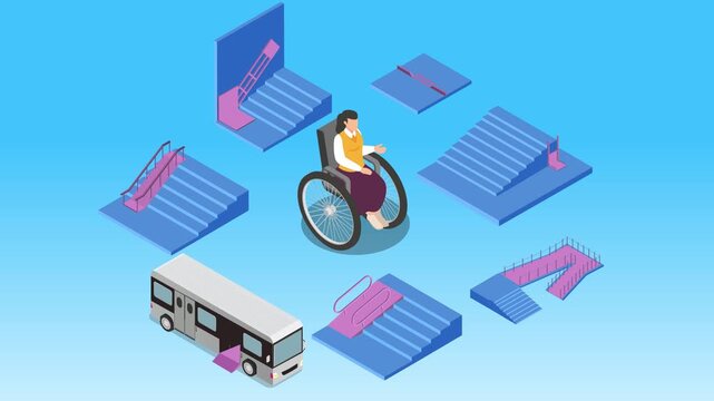 Woman in Wheelchair Surrounded by Ramps, Lifts, and Accessible Transportation Solutions 3d animation cartoon