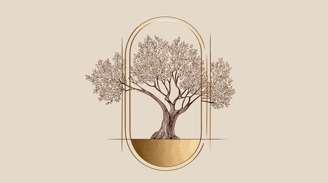 Elegant Gold Olive Tree Line Art Illustration in a Minimalist Geometric Arch Frame on Beige. Organic Nature Graphic Design Element.