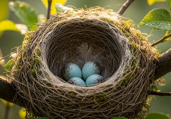 A bird's nest with four blue eggs, nestled in a tree branch
