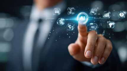 Futuristic Businessman Touching Glowing Artificial Intelligence and Business Related Icons. Ai Generated Images