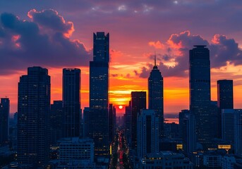 Fototapeta premium Sunrise Over a Modern City Skyline with Towering Skyscrapers