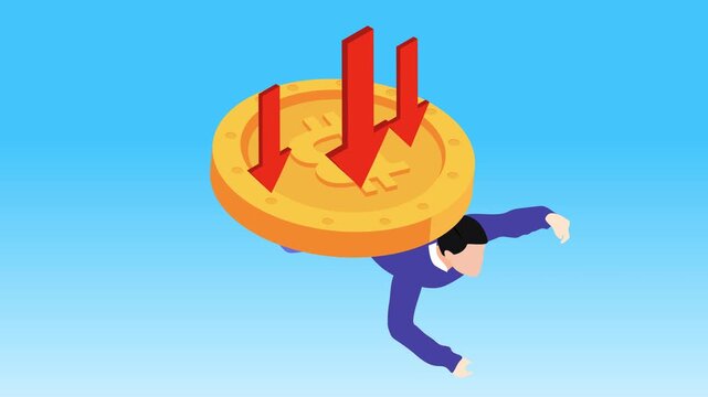 Bitcoin or Cryptocurrency Crash and Financial Loss Concept with Man Crushed by Giant Coin and Downtrend Arrows 3d animation cartoon