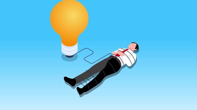 Businessman Tied Down by a Cable from a Giant Lightbulb, Representing Creative Pressure or Idea Overload 3d animation cartoon