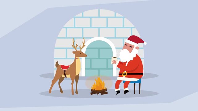 Santa Claus and Reindeer Relaxing by a Campfire Outside Igloo in a Cozy Christmas Winter Scene cartoon animation
