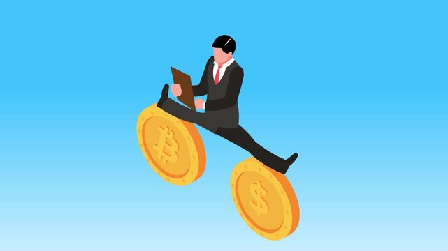 Businessman Balancing on Bitcoin and Dollar Coins, Representing Financial Risk and Investment Strategy 3d animation cartoon
