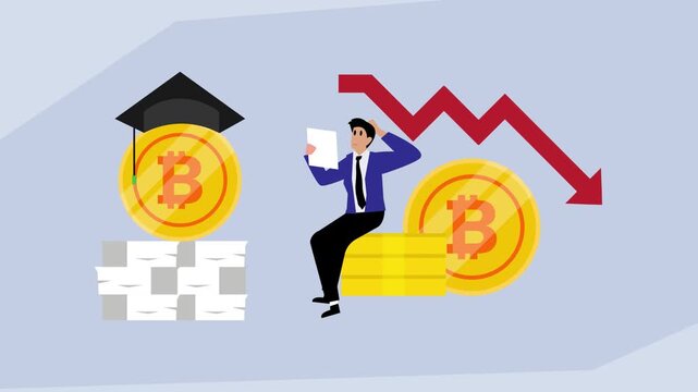 Crypto Market Decline and Financial Stress: Worried Businessman with Bitcoin Crash and Education Concept cartoon animation
