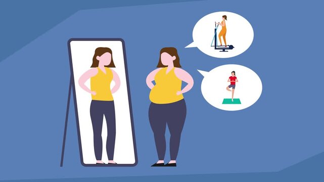 cartoon animationWoman with Body Image Issues Sees Thinner Reflection and Contemplates Exercise and Fitness Goals cartoon animation
