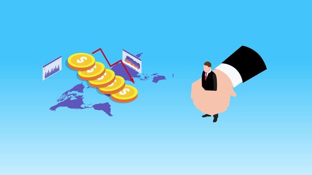 Global Financial Crisis and Market Downturn Concept with Businessman, World Map, and Descending Coins 3d animation cartoon