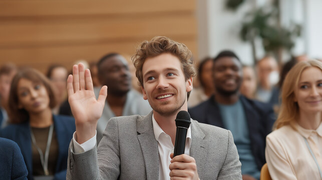 Businessman in a conference raising hand to ask a question while holding a microphone, symbolizing active engagement, leadership and participation at business, seminar and corporate events.