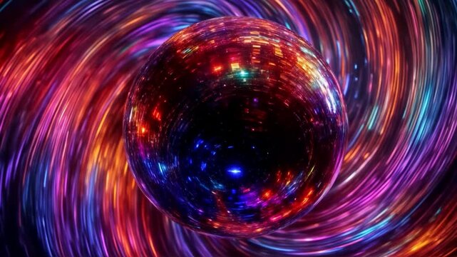 Vibrant Disco Ball Sphere Swirl Loop. Futuristic Neon Light Vortex Background. Excellent as a background wallpaper for events, parties, music videos, or sci-fi projects.