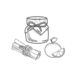 Jam Jar with Cinnamon and Orange on Transparent Background – Hand Drawn Vector. Elegant hand-drawn jam jar with cinnamon sticks and sliced orange. Perfect for winter recipes, kitchen labels, packaging