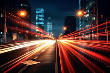 Long exposure of cars driving on a street in a big city at night, creating light trails