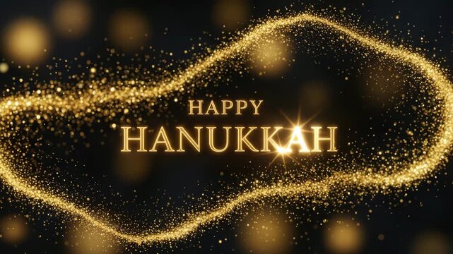 Golden happy hanukkah greeting card with sparkling lights on a dark background