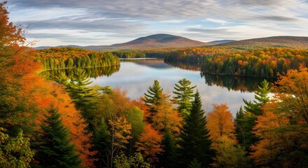 Naklejka premium Autumn lake with vibrant trees and distant mountain