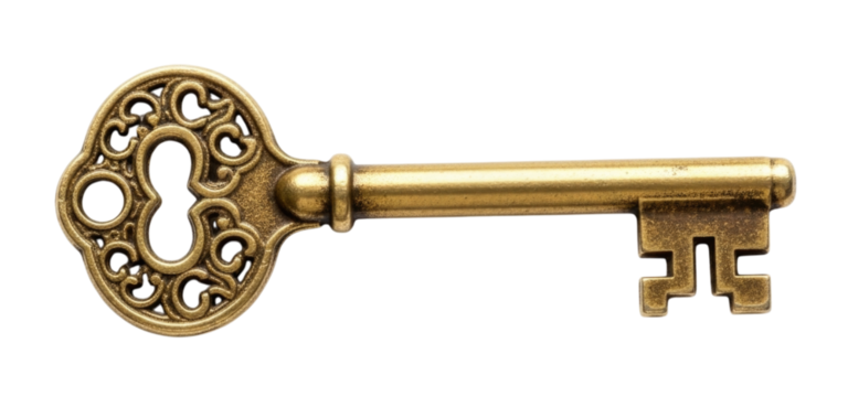Ornate Vintage Brass Skeleton Key Isolated PNG Cutout Transparent - Powered by Adobe