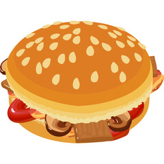 Close Up Of A Delicious Burger With Sesame Seed Bun Lettuce Tomato And Meat On Transparent Background Vector Art