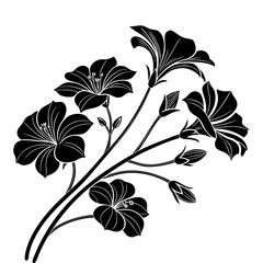 Blooming Petunia Elegant Floral Arrangement Vector Illustration, Simple Petunia Flowers Black and White Outlines Design Element, Petunia Flowers Silhouettes, Flower Design.