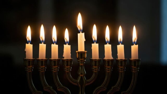 A traditional hanukkah menorah with lit candles against a dark background