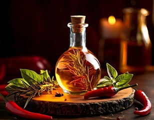 This bottle of gourmet chili oil contains fresh herbs and spices.  Comfortable atmosphere