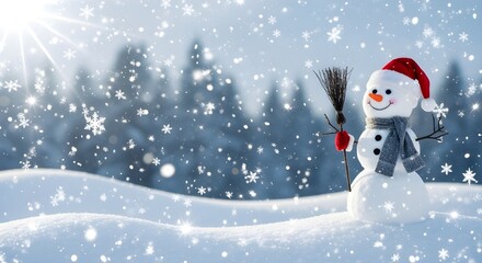 Happy Snowman in Santa Hat and Scarf Standing in Snowy Winter Christmas Landscape Banner