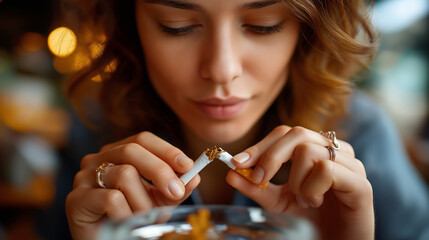 Woman who wants to quit smoking snapping a cigarette in half, ashtray in background, determined look, quit smoking, stop smoking, addiction, health, nicotine, lifestyle change, hab