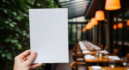 Hand holding blank white paper card or menu mockup template in elegant restaurant setting.