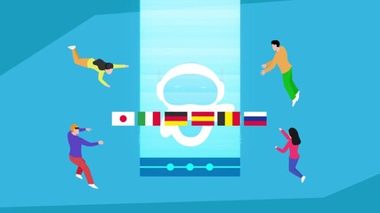 AI Language Translation and Global Communication: Chatbot Robot Processing Multilingual Data with International Flags and People cartoon animation - Powered by Adobe