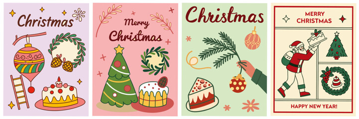 christmas greeting card ; christmas card illustrations featuring festive icons, trees, cakes, and santa scenes  for poster, greeting card and flyer