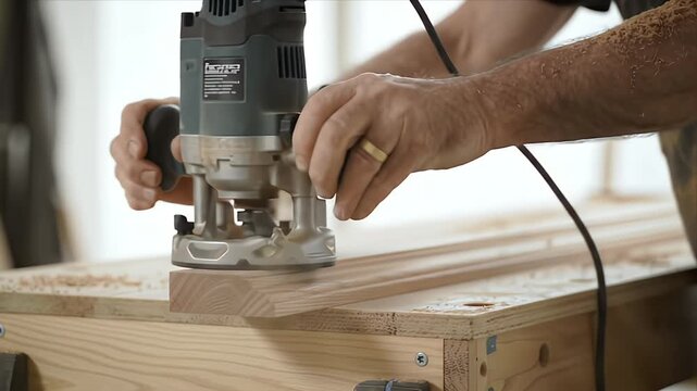 Close up of a skilled carpenters hands operating a woodworking router precisely shaping a wooden plank creating decorative trim and fine joinery in a workshop