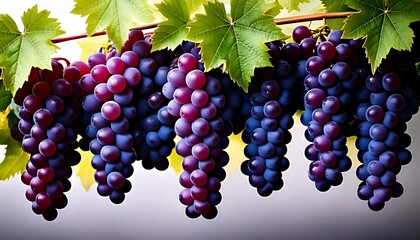 Dark purple grapes, bunches of grapes, green foliage, grape vine, and grapes