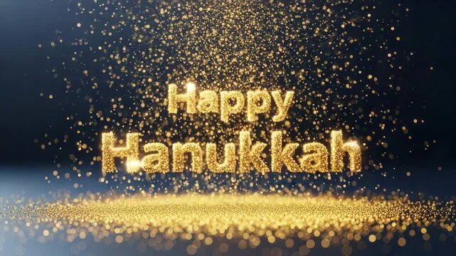 A festive happy hanukkah message with golden sparkles on a dark background