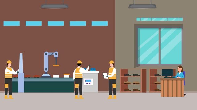 Shoe Factory Production and Quality Control with Workers and Manager cartoon animation